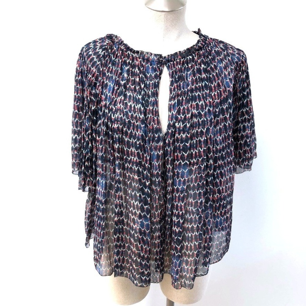 Isabel Marant Silk Blouse Womens 42 Large Navy Blue Geometric Pleated Flutter